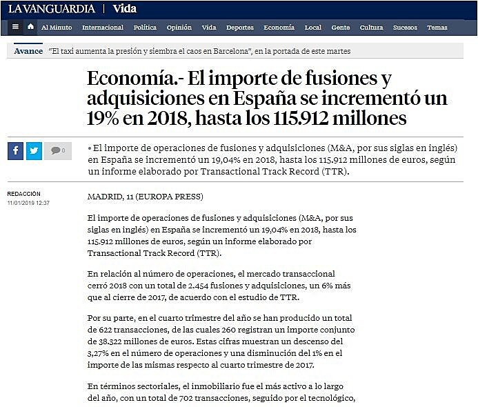 El importe de fusiones y adquisiciones en Espaa se increment un 19% en 2018, hasta los 115.912 millones